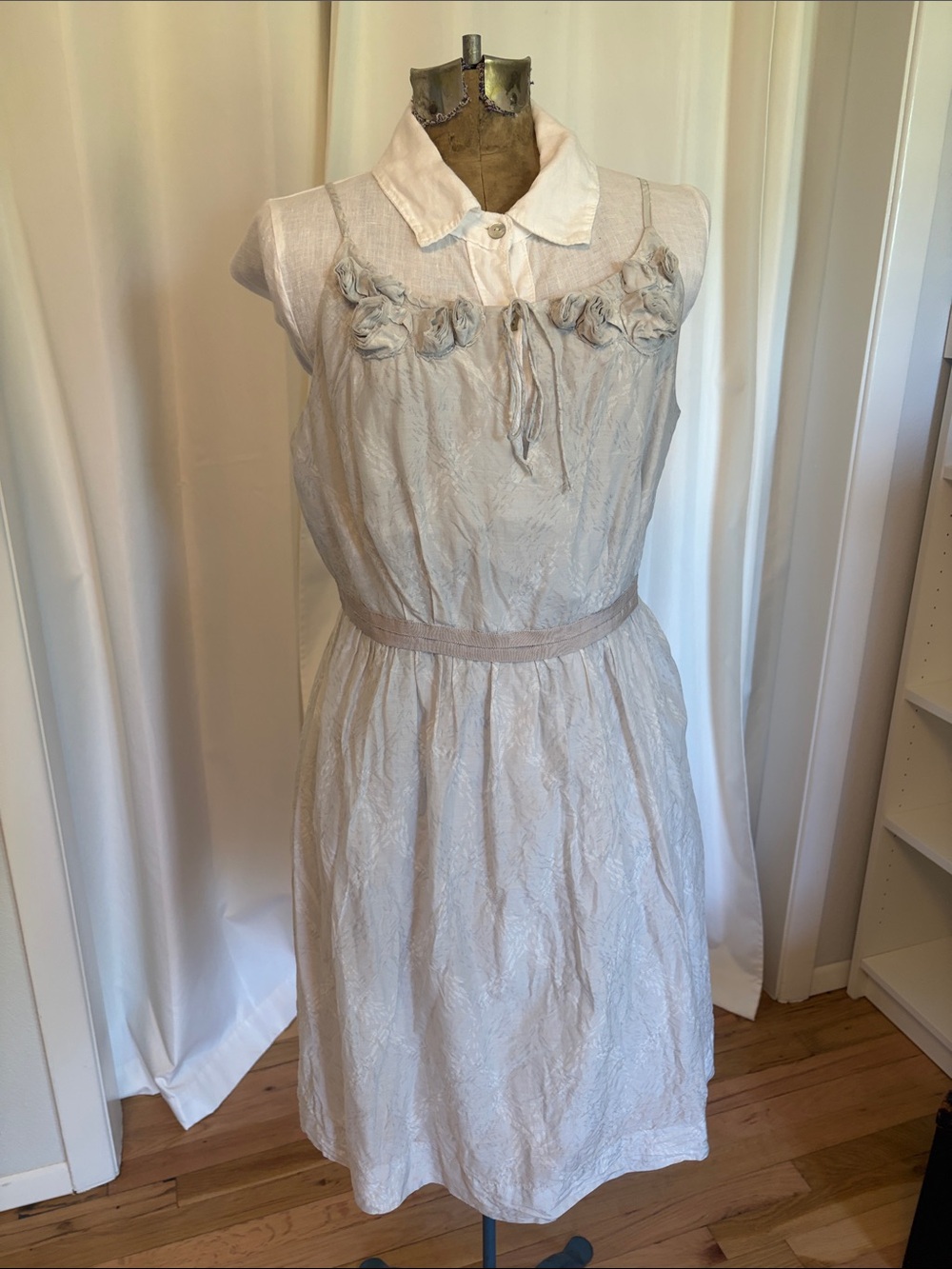 Cotton and silk lightweight silver gray midi dress lined with cotton size 12